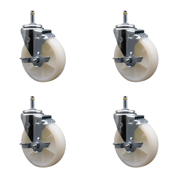 5'' Nylon Wheel Swivel 7/16'' Grip Ring Stem Caster Set with Brake, 4PK